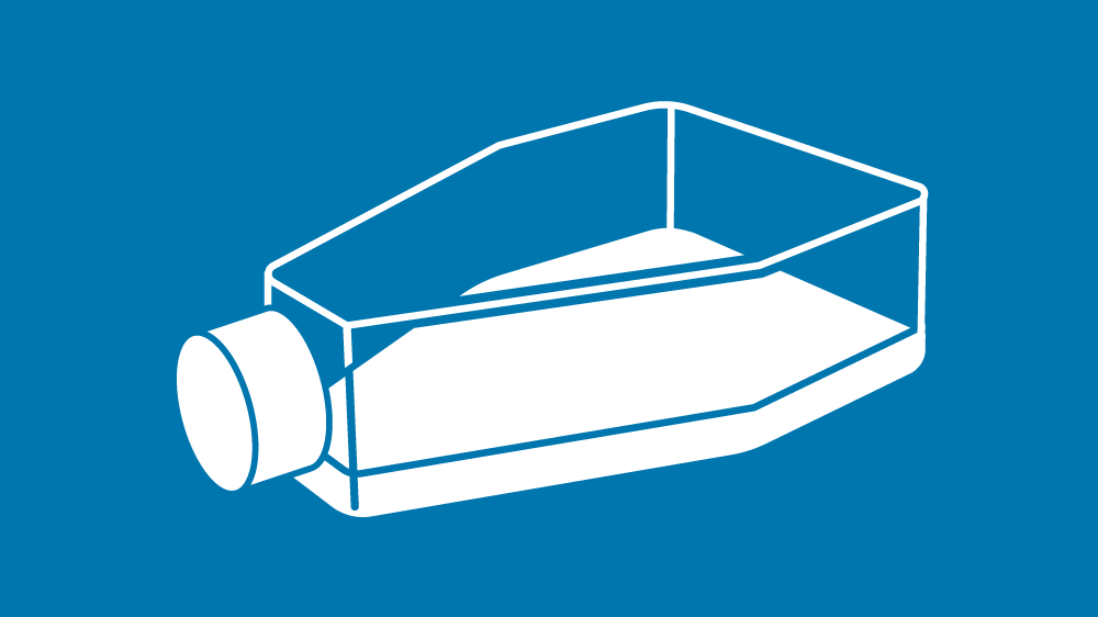A white icon of a cell culture container icon on a blue background